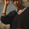 Tennis Club Sweater Knit V-Neck Pullover - Black/Ivory