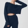 Cashmere Plush Waffle Cropped Long Sleeve - Navy