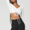 Ribbed Cinch Cropped Long Sleeve - White