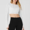 Mesh Cropped Fine Line Long Sleeve - White