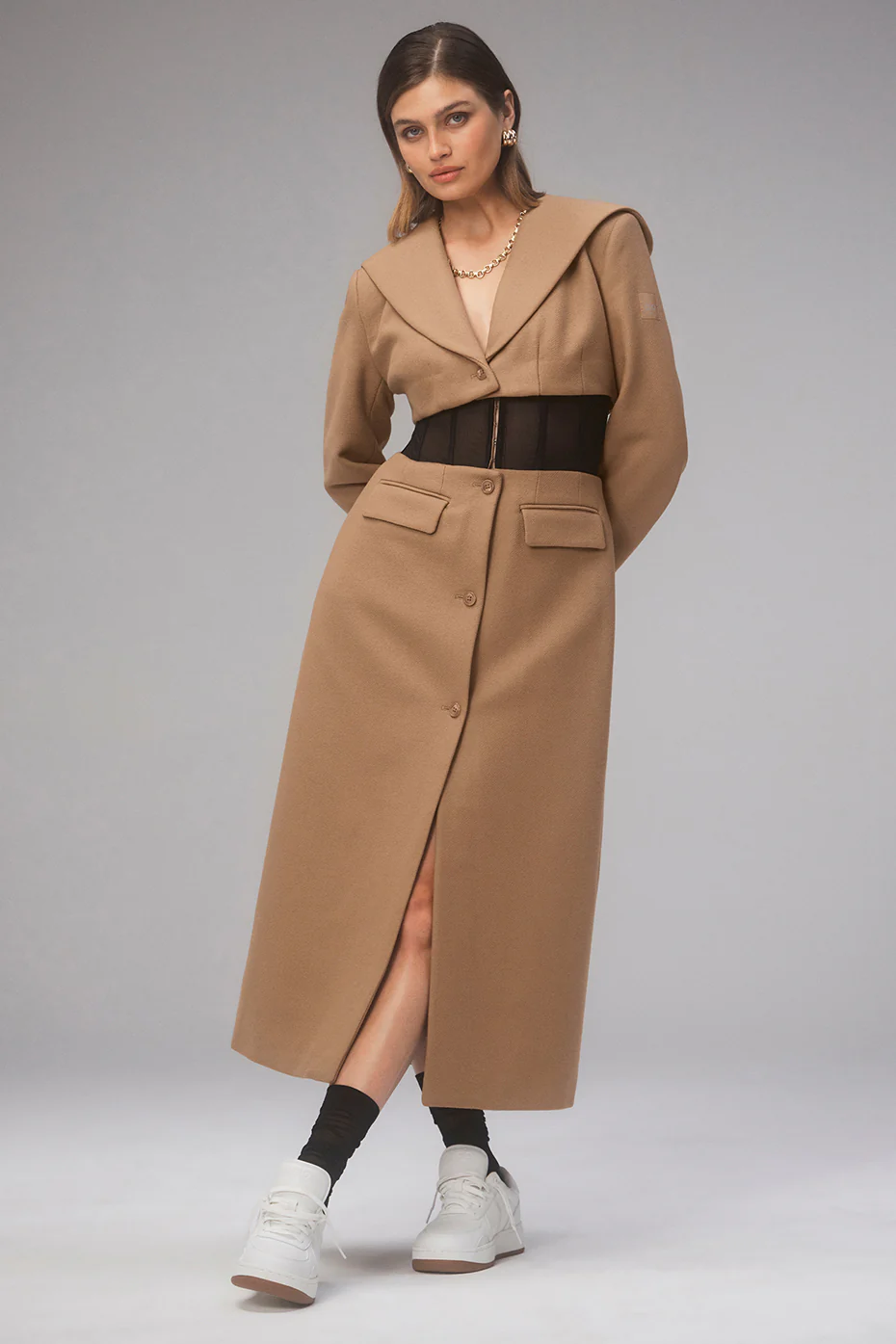 Winter Wool Vendome Long Corset Coat - Toasted Almond/Black