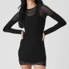 Striped Mesh Synergy Long Sleeve Dress - Black