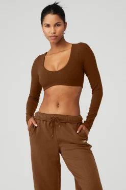Ribbed Defined Long Sleeve Bra - Cinnamon Brown